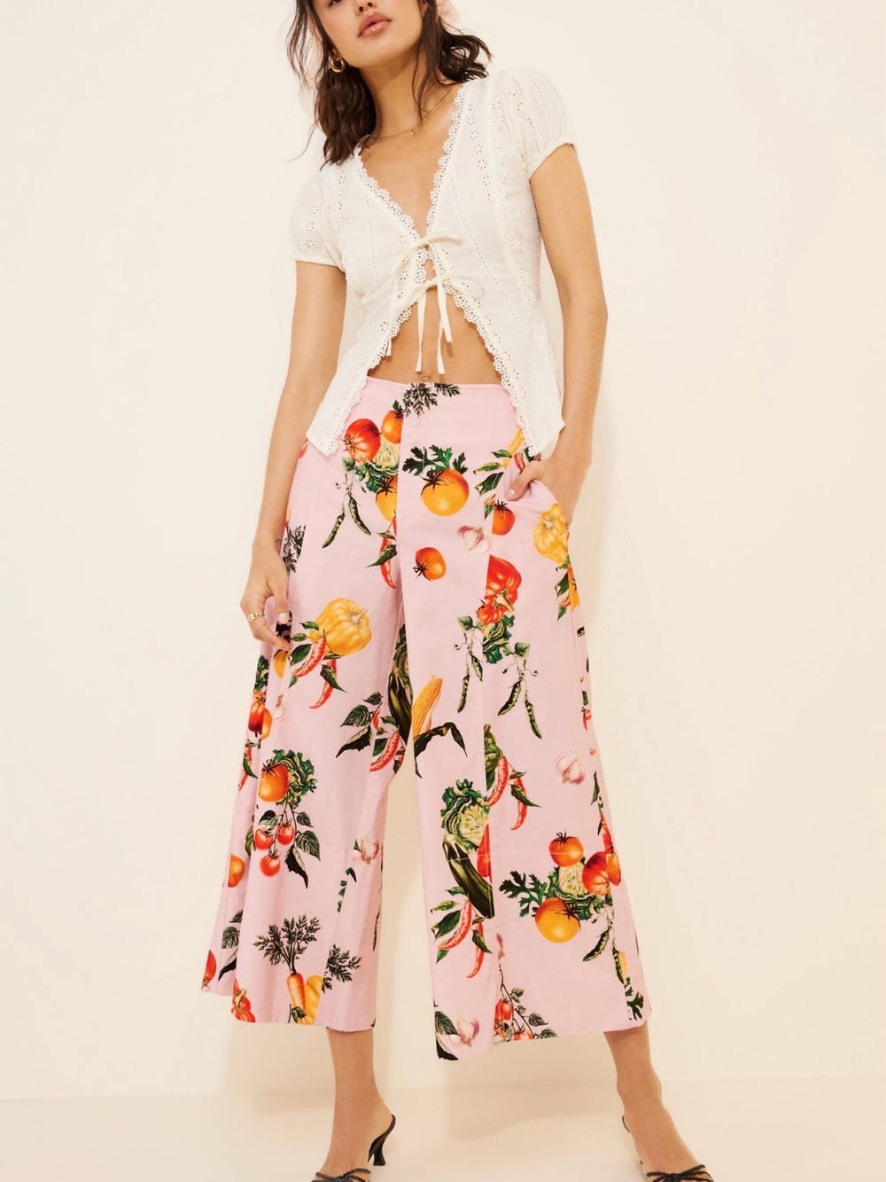 Anthropologie Maeve Pink Veggie-Print Wide Crop Pants